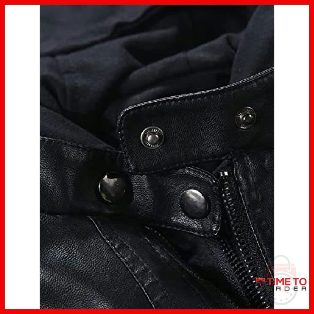 Faux Leather Moto Jacket with Detachable Hood, Zippered Pockets - Picture 6 of 8